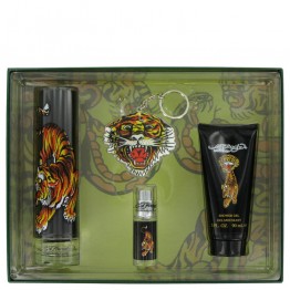 Ed Hardy by Christian Audigier 4pcs Gift Set - 3.4 oz Eau De Toilette Spray + 3 oz Shower Gel + .25 oz Mini EDT + Keychain for Men