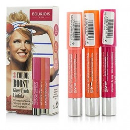 Bourjois 3 Color Boost Glossy Finish Lipsticks SPF 15 Set: 3x Lipsticks (#02 Fuchsia Libre, #03 Orange Punch, #04 Peach on the Beach) 3x2.75g/0.1oz